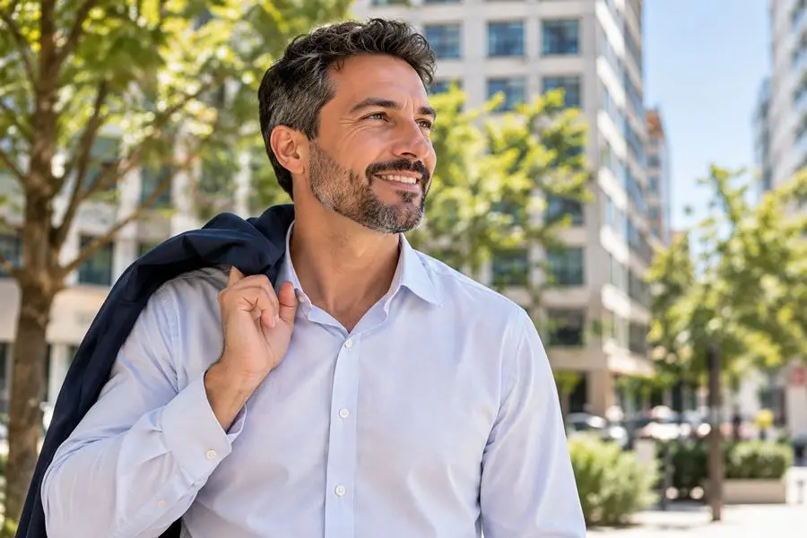 Hombre sonriente caminando con la chaqueta al hombro