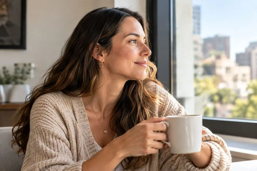 Mujer con una taza mirando por la ventana
