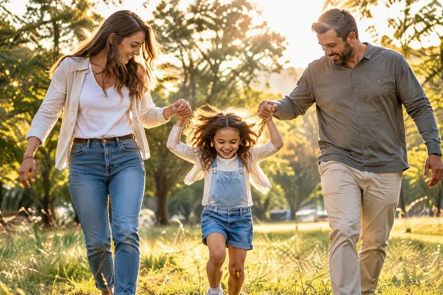 Familia paseando de la mano en un parque